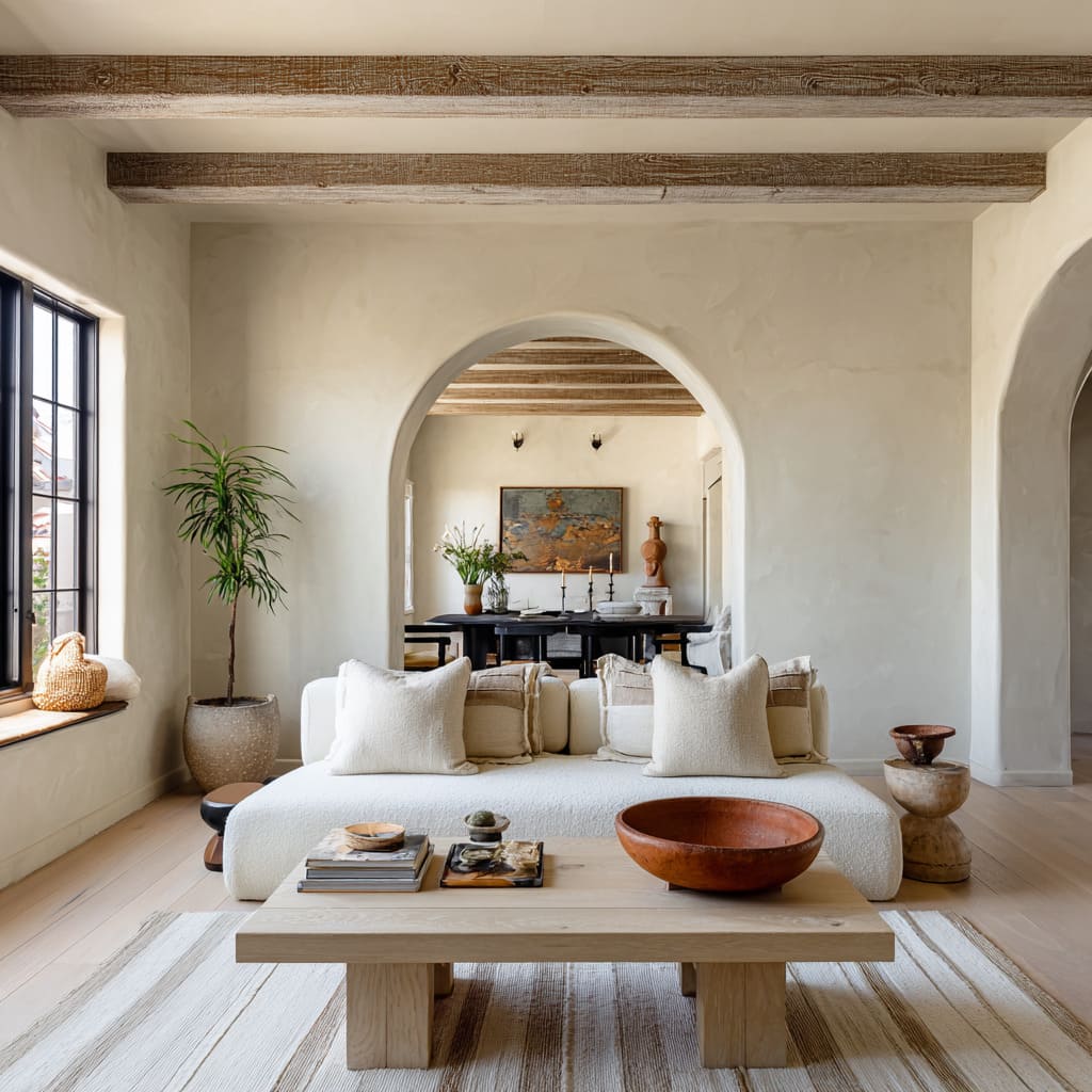 Gallery-like drawing room concept with repeating plaster arches, pale weathered ceiling beams, textured neutral sofa