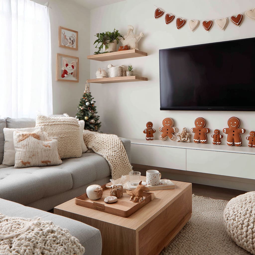 Gingerbread-themed wall decorating ideas with cookie-shaped figures on a floating console, heart garland above a TV Gingerbread-themed wall decorating ideas with cookie-shaped figures on a floating console, heart garland above a TV