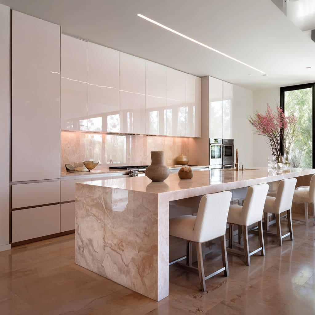 Glossy blush stone kitchen ideas with polished clay-tone floor and sculptural island Glossy blush stone kitchen ideas with polished clay-tone floor and sculptural island