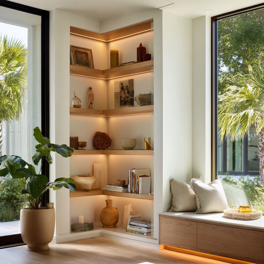 Glowing oak corner niche idea with soft back lighting, warm neutral decor, cushioned bench below, potted plant Glowing oak corner niche idea with soft back lighting, warm neutral decor, cushioned bench below, potted plant