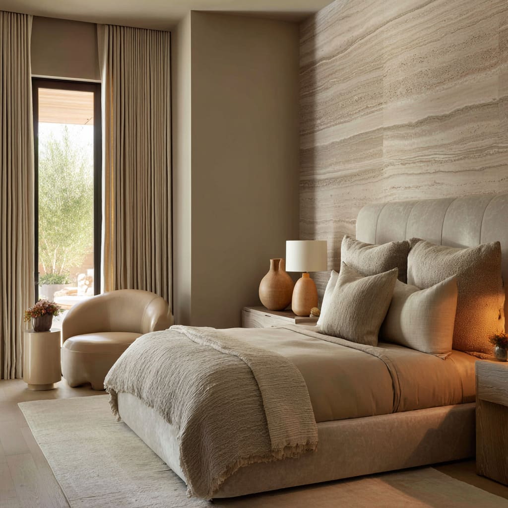 Golden sand bedroom concept with a veined stone wall, segmented padded headboard, layered cream bedding, terracotta vases Golden sand bedroom concept with a veined stone wall, segmented padded headboard, layered cream bedding, terracotta vases