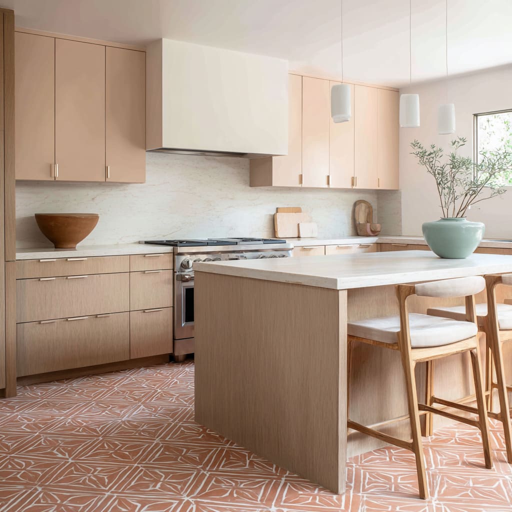 Graphic terracotta grid floor ideas with pale maple cabinets and pastel clay accents Graphic terracotta grid floor ideas with pale maple cabinets and pastel clay accents