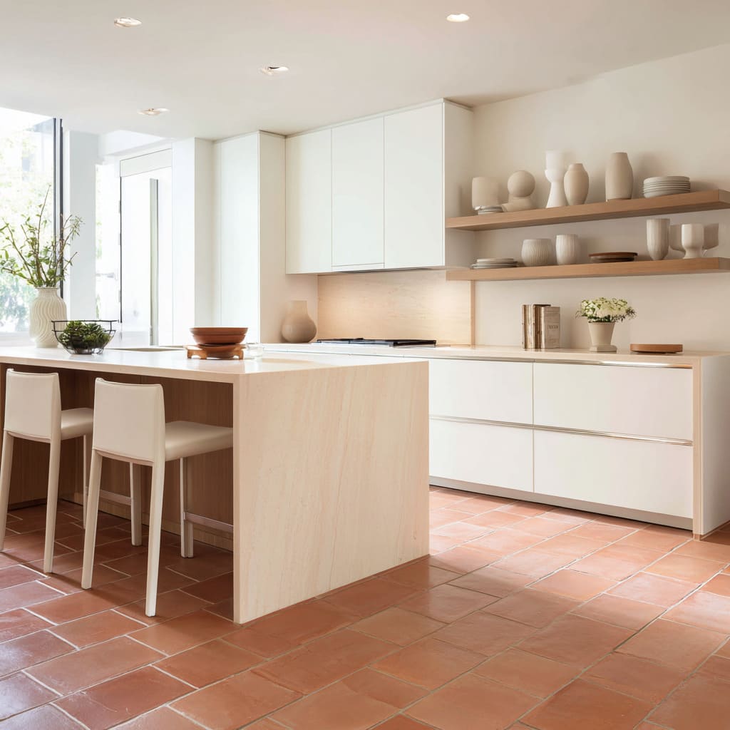 Diseño gráfico de cocina blanca y terracota con grandes baldosas de arcilla quemada en cuadrícula y cajones y armarios altos en blanco puro Diseño gráfico de cocina blanca y terracota con grandes baldosas de arcilla quemada en cuadrícula y cajones y armarios altos en blanco puro