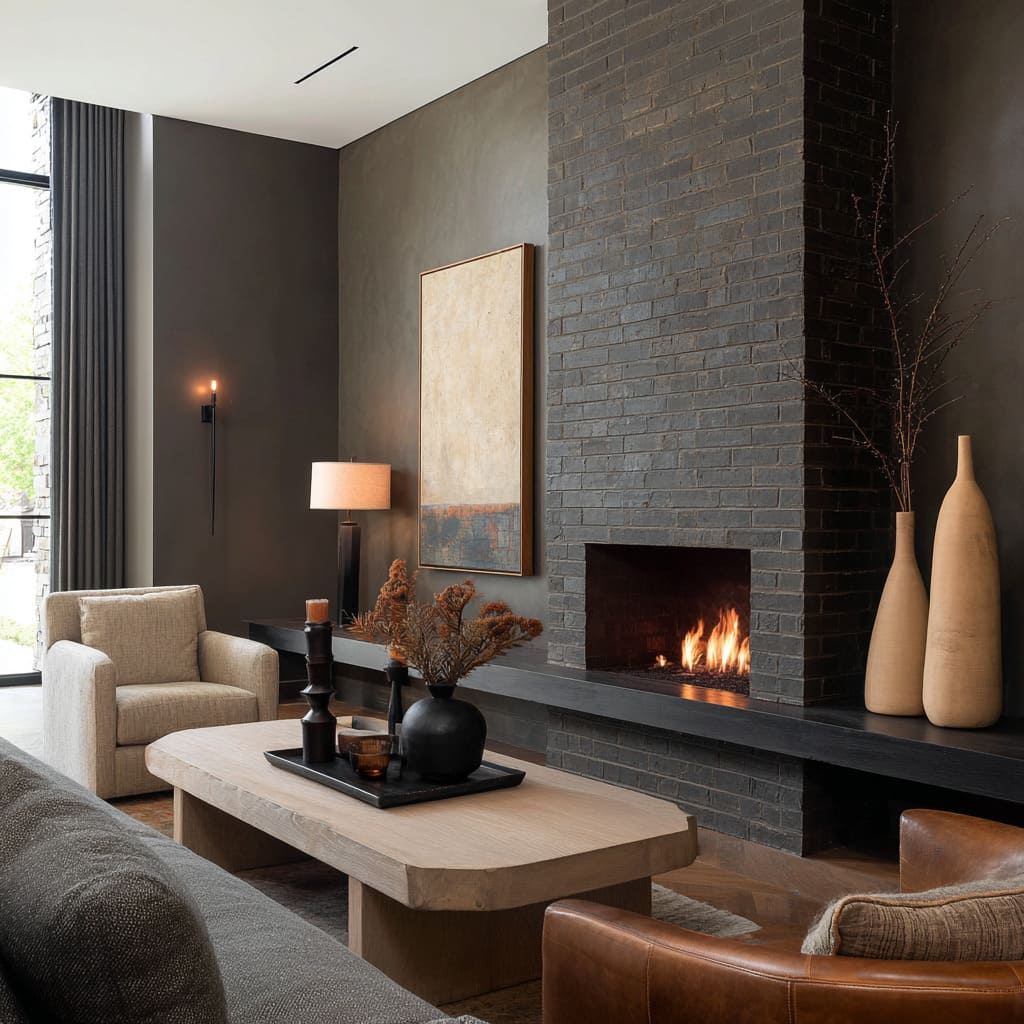 Chimenea de ladrillo en grafito-marrón con muros en carbón profundo, madera natural y acentos escultóricos fuertes. Chimenea de ladrillo en grafito-marrón con muros en carbón profundo, madera natural y acentos escultóricos fuertes.