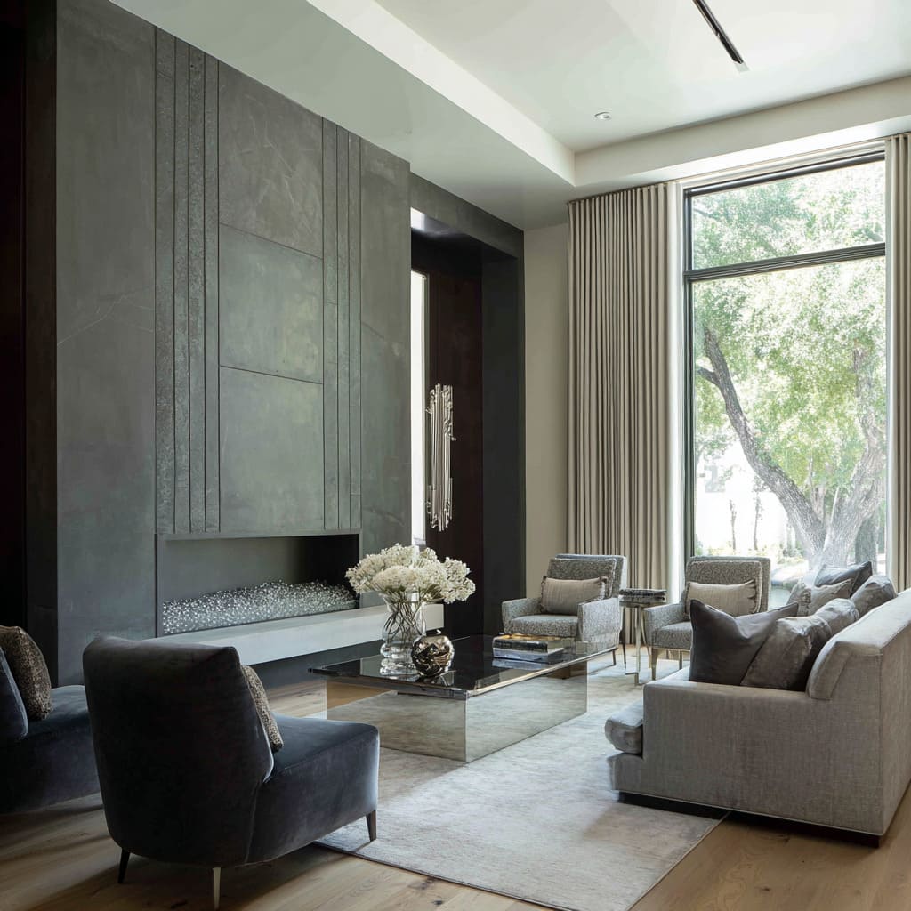 Graphite glamour living room inspo with deep grey, crushed-silver pebbles, velvet charcoal chairs Graphite glamour living room inspo with deep grey, crushed-silver pebbles, velvet charcoal chairs