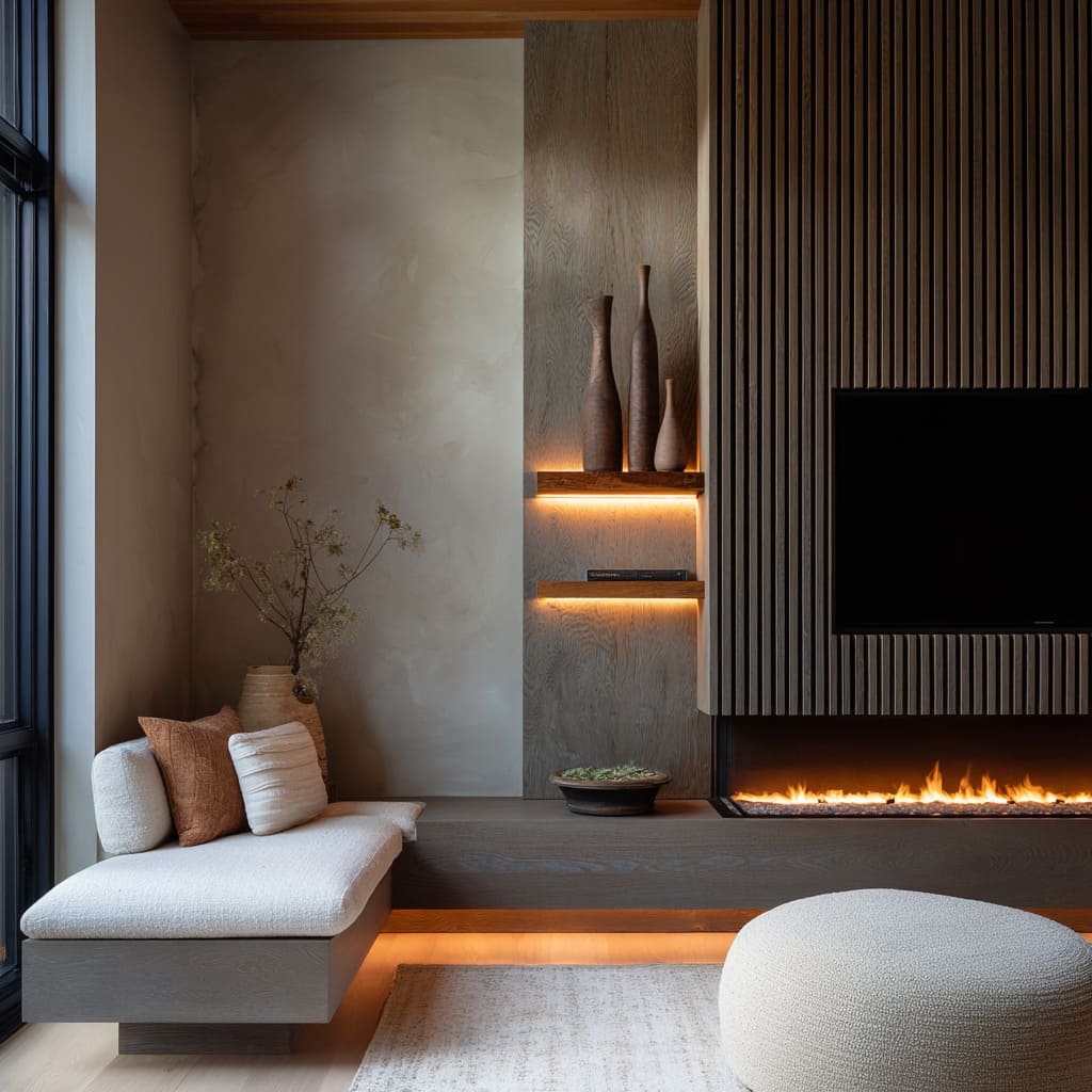 Gray floating bench with under-light, illuminated niche with tall vases, slatted chimney, creamy ottoman Gray floating bench with under-light, illuminated niche with tall vases, slatted chimney, creamy ottoman