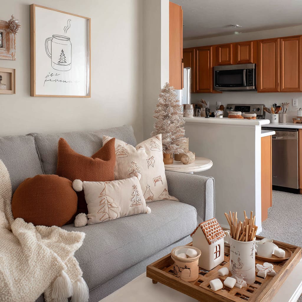 Gray sofa with warm ginger-spice pillows, tassel throw, cocoa-themed coffee table tray, tiny ceramic house Gray sofa with warm ginger-spice pillows, tassel throw, cocoa-themed coffee table tray, tiny ceramic house