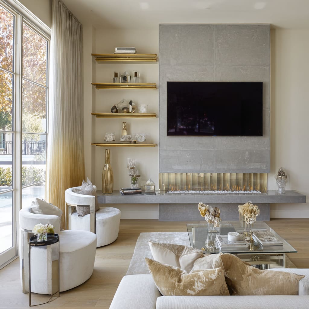 Gray stone interior design with matte gold shelving, fluted brass fire strip, glass and mirror coffee table Gray stone interior design with matte gold shelving, fluted brass fire strip, glass and mirror coffee table