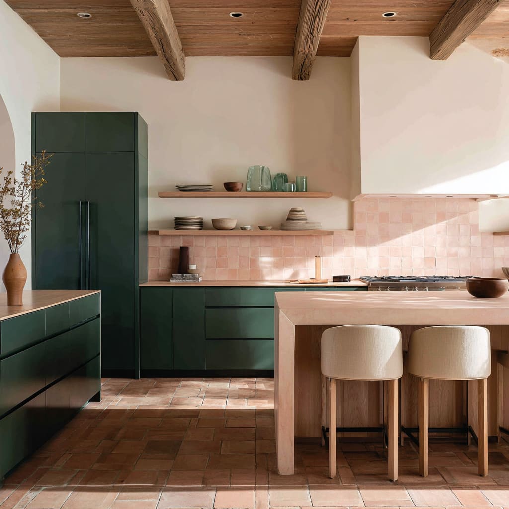 Green-and-terracotta kitchen ideas with reclaimed-style brick floor and blush tiles Green-and-terracotta kitchen ideas with reclaimed-style brick floor and blush tiles