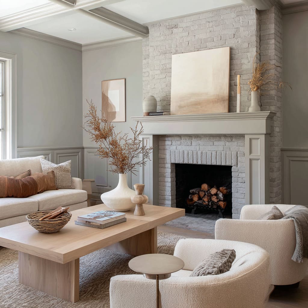 Concepto de chimenea en ladrillo greige con una armonía tonal serena y un flujo material suave. Concepto de chimenea en ladrillo greige con una armonía tonal serena y un flujo material suave.