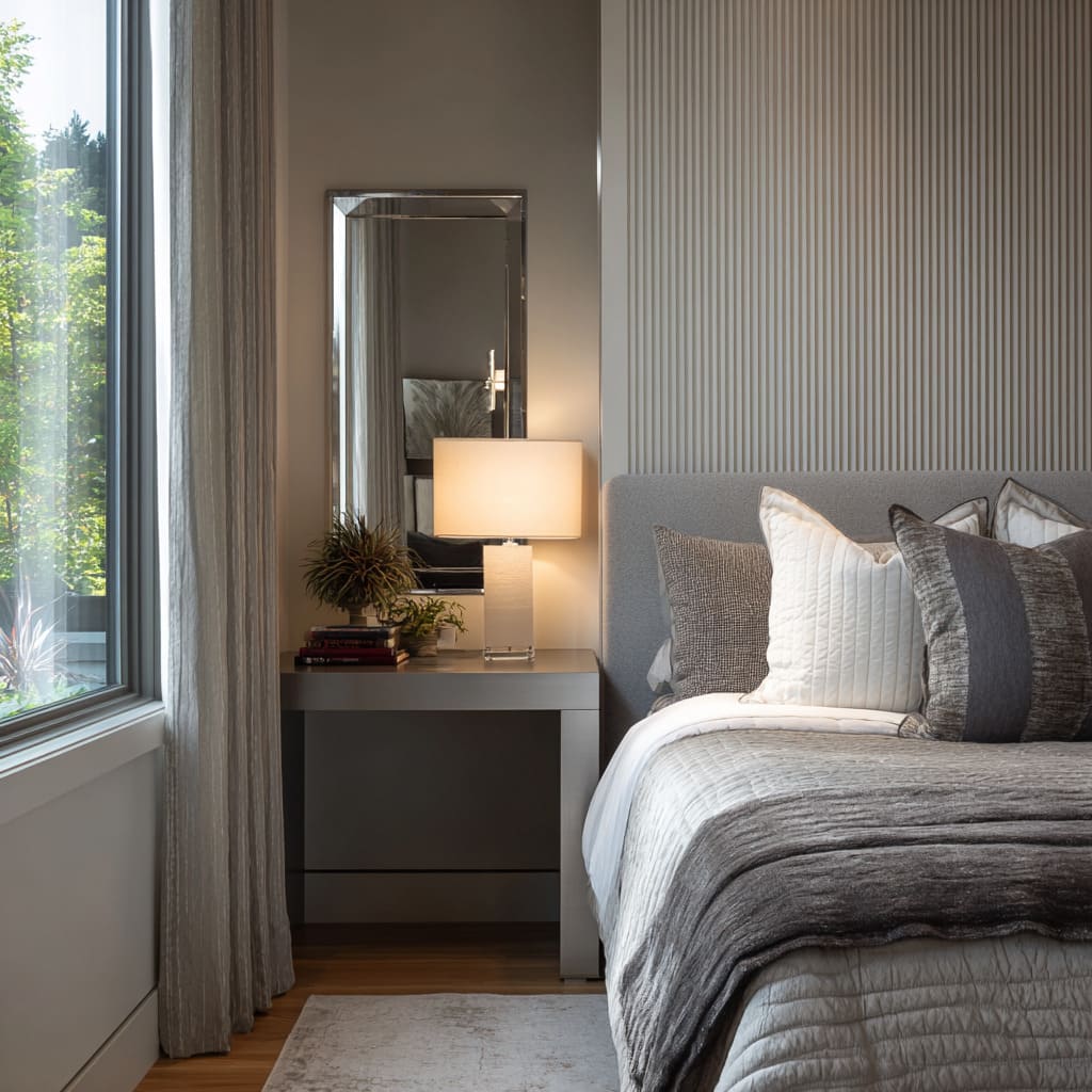 Grey bedroom styling corner with ribbed wall, niche desk, chrome accents, and layered soft bedding
