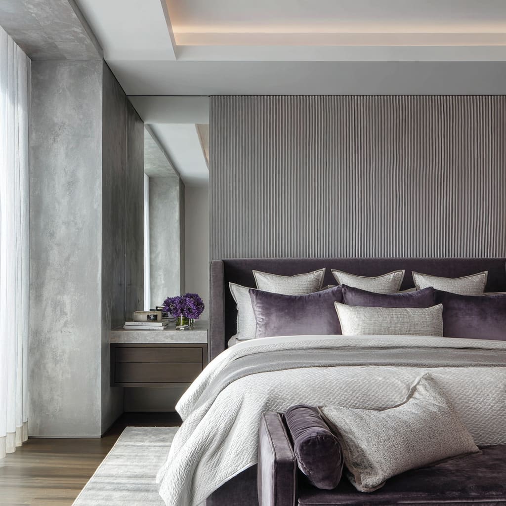 Suite en gris violáceo con pared de cabecero acanalada, banco de terciopelo ciruela y ropa de cama en tonos plata. Suite en gris violáceo con pared de cabecero acanalada, banco de terciopelo ciruela y ropa de cama en tonos plata.