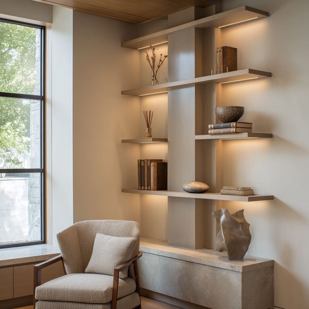 Grid shelves with central tower, soft under-shelf glows, travertine bench Grid shelves with central tower, soft under-shelf glows, travertine bench