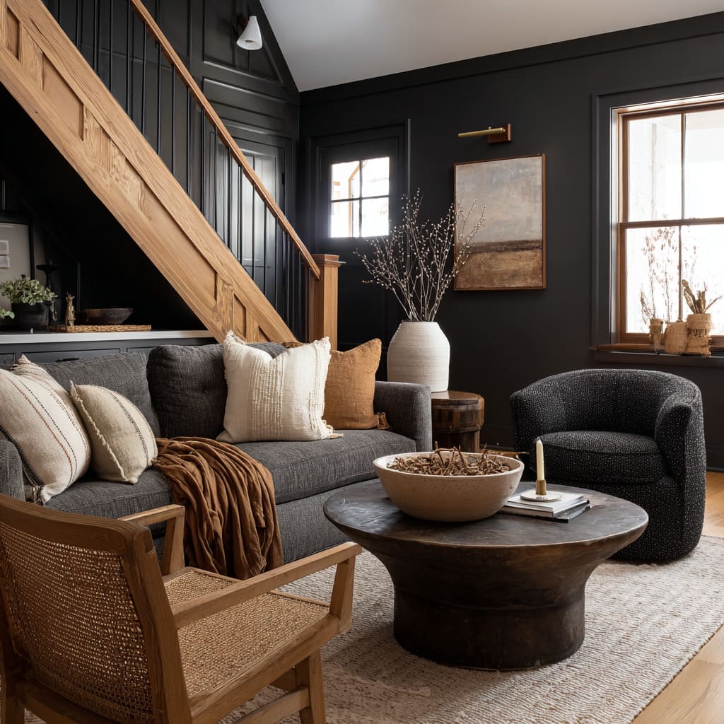 Grounded Boho Living Room Design With Vaulted Ceiling Olive-Green Soft Furnishings Grounded Boho Living Room Design With Vaulted Ceiling Olive-Green Soft Furnishings