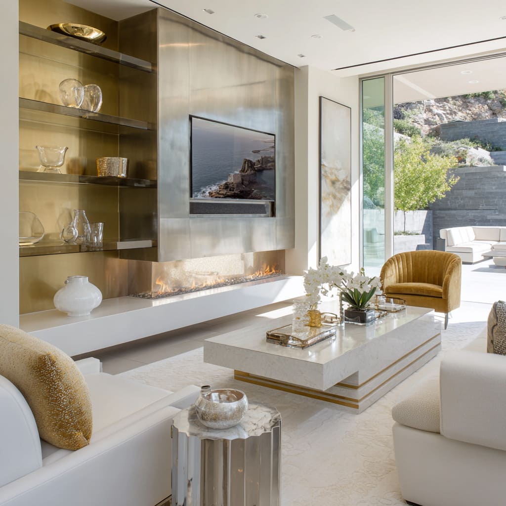 High-contrast brass and brushed-steel living room design with fluted silver side table, velvet gold lounge chair High-contrast brass and brushed-steel living room design with fluted silver side table, velvet gold lounge chair