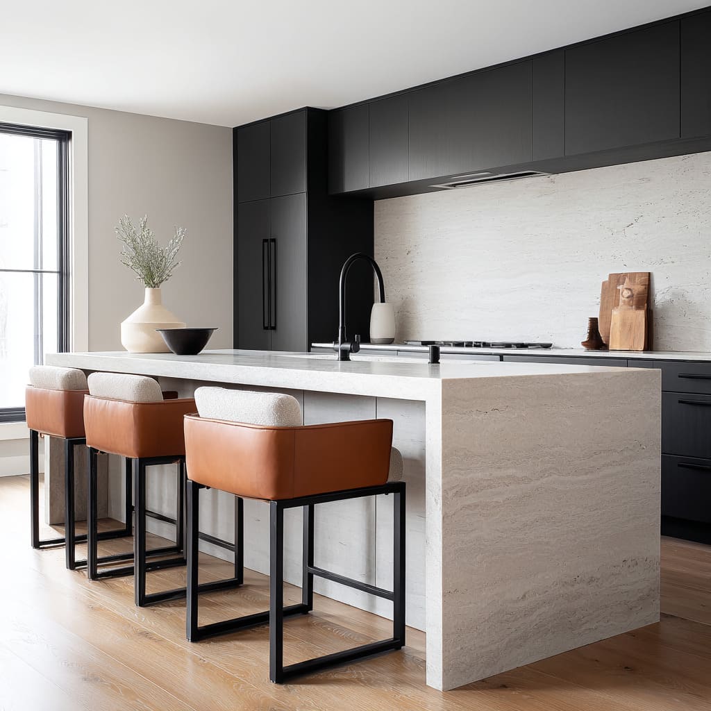 Honed travertine island idea with long horizontal grain, slim caramel-and-pale bar stools on sled bases