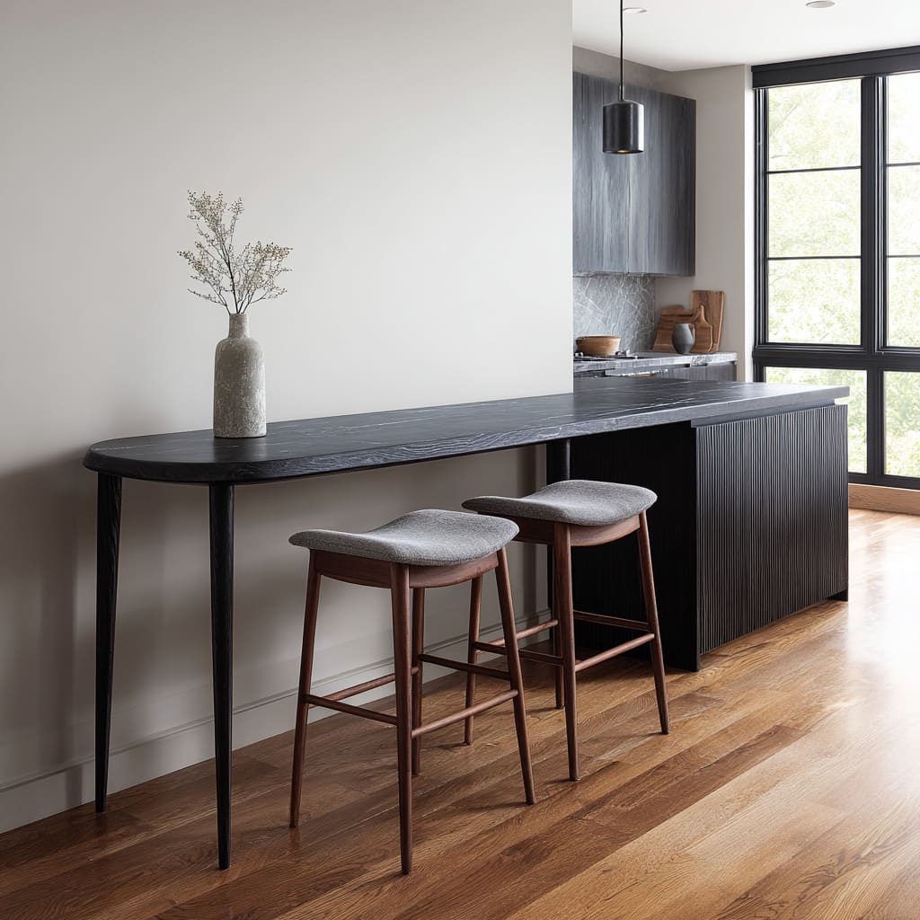 Idea with a long black wood console attached to a fluted island, with slender legs, grey saddle stools, and a smooth ribbon-like surface Idea with a long black wood console attached to a fluted island, with slender legs, grey saddle stools, and a smooth ribbon-like surface