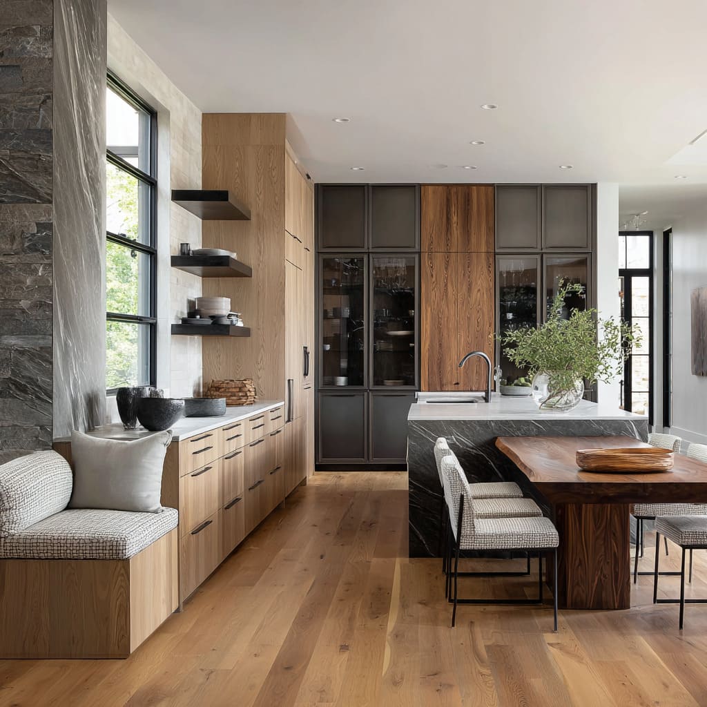 Ideas for kitchen with a charcoal stone island and live-edge walnut table, pale textured chairs, glowing bronze-framed glass cabinets Ideas for kitchen with a charcoal stone island and live-edge walnut table, pale textured chairs, glowing bronze-framed glass cabinets