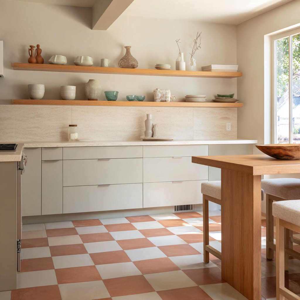 Ideas with soft checker terracotta floor with pale grey cabinets and oak dining elements Ideas with soft checker terracotta floor with pale grey cabinets and oak dining elements