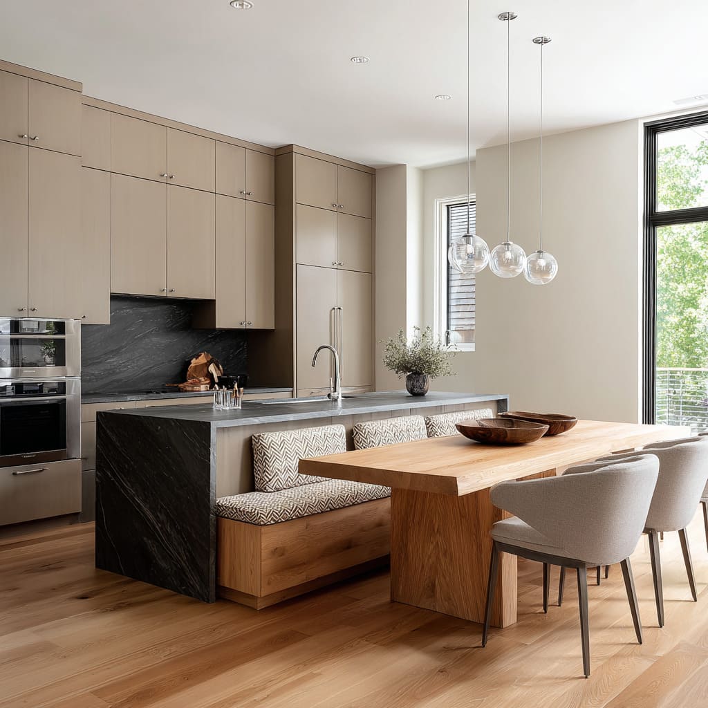 Impressive design with a charcoal-veined stone island extended into a honey-oak banquette, broken-chevron upholstery Impressive design with a charcoal-veined stone island extended into a honey-oak banquette, broken-chevron upholstery