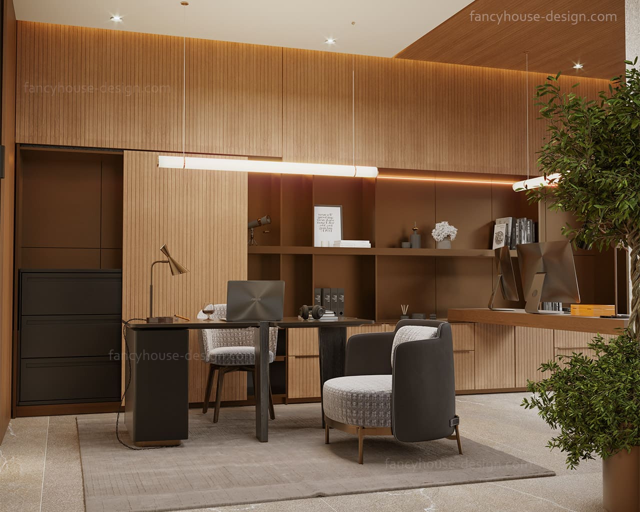 Impressive modern home office interior design with wood finishes