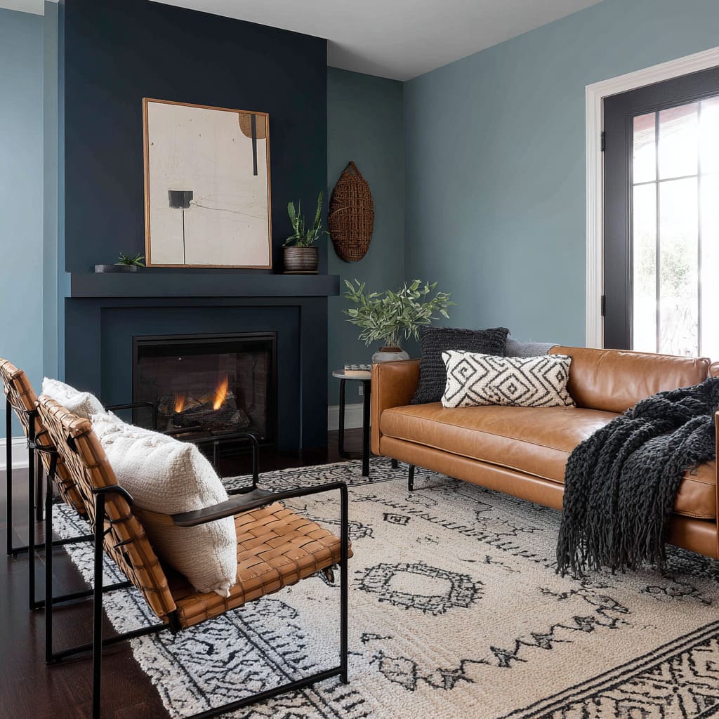 Inky Blue Feature Wall, Light Blue Side Walls, Leather Sofa, Black Fireplace Mantle, and Soft Tribal Rug Patterns Inky Blue Feature Wall, Light Blue Side Walls, Leather Sofa, Black Fireplace Mantle, and Soft Tribal Rug Patterns