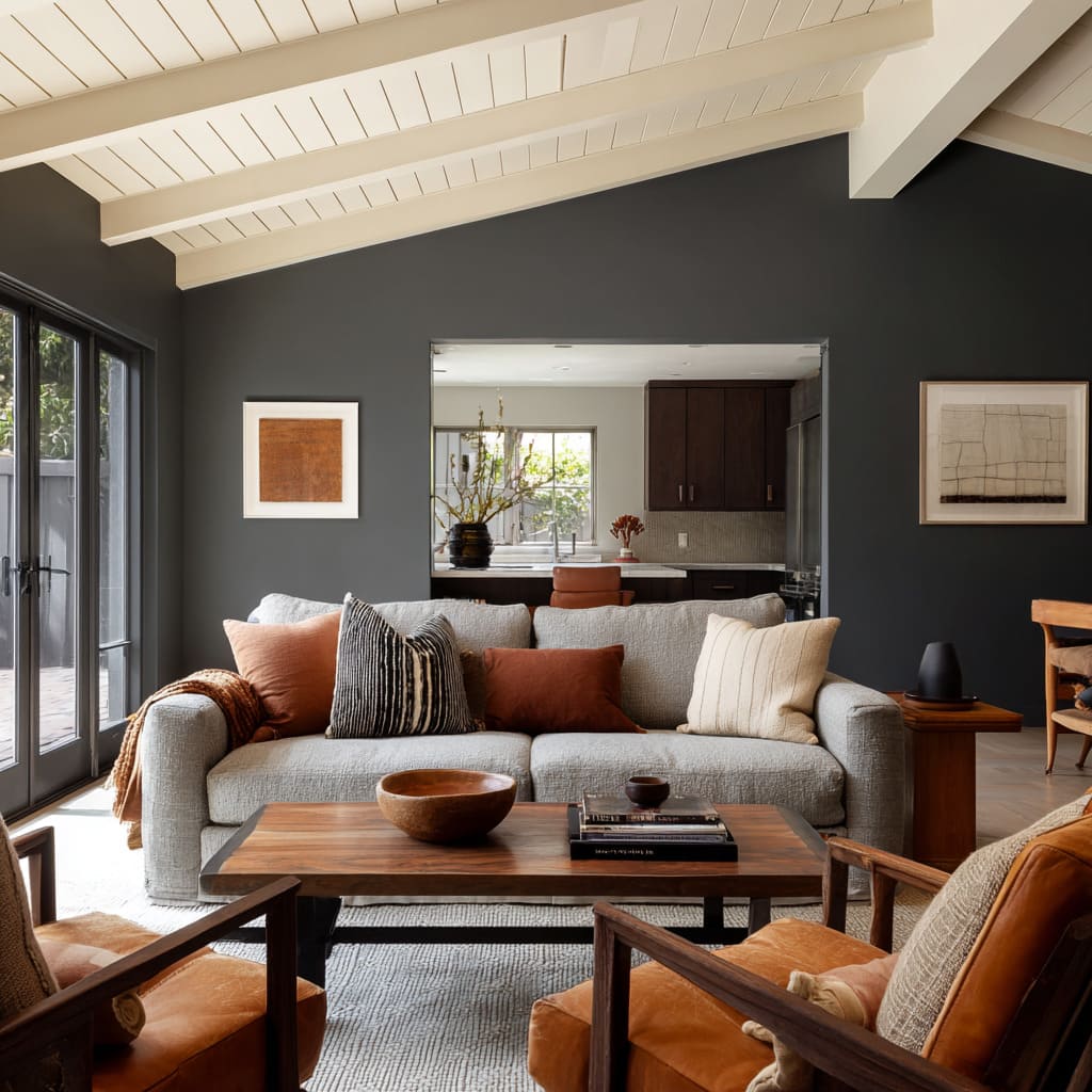 Interior Design with Charcoal Feature Wall With Vaulted Pale Ceiling, Rust and Walnut Accents, and Calm Open Flow to the Kitchen Interior Design with Charcoal Feature Wall With Vaulted Pale Ceiling, Rust and Walnut Accents, and Calm Open Flow to the Kitchen