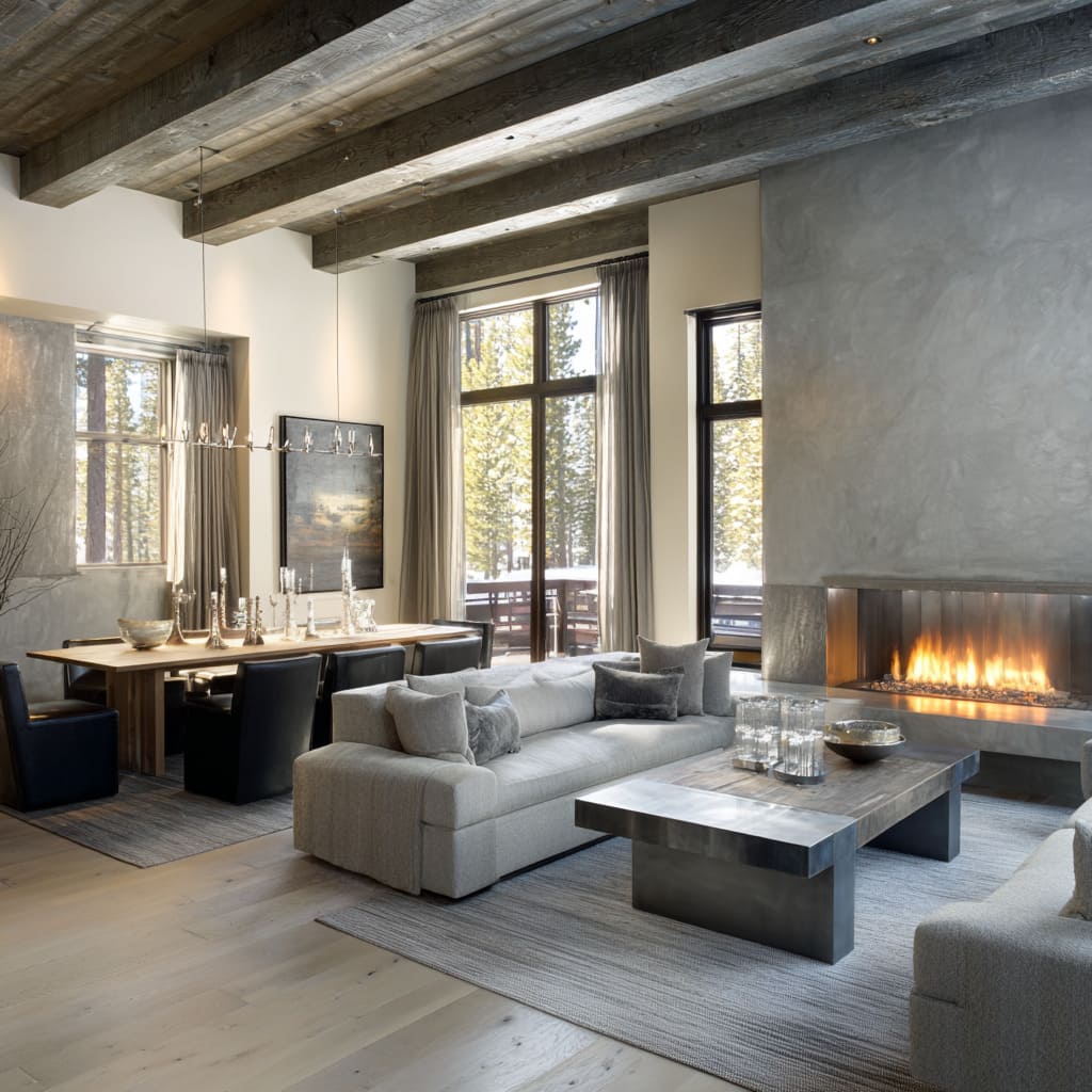 Interior concept with greige sofas, brushed-metal coffee tables, and flannel-textured pillows Interior concept with greige sofas, brushed-metal coffee tables, and flannel-textured pillows