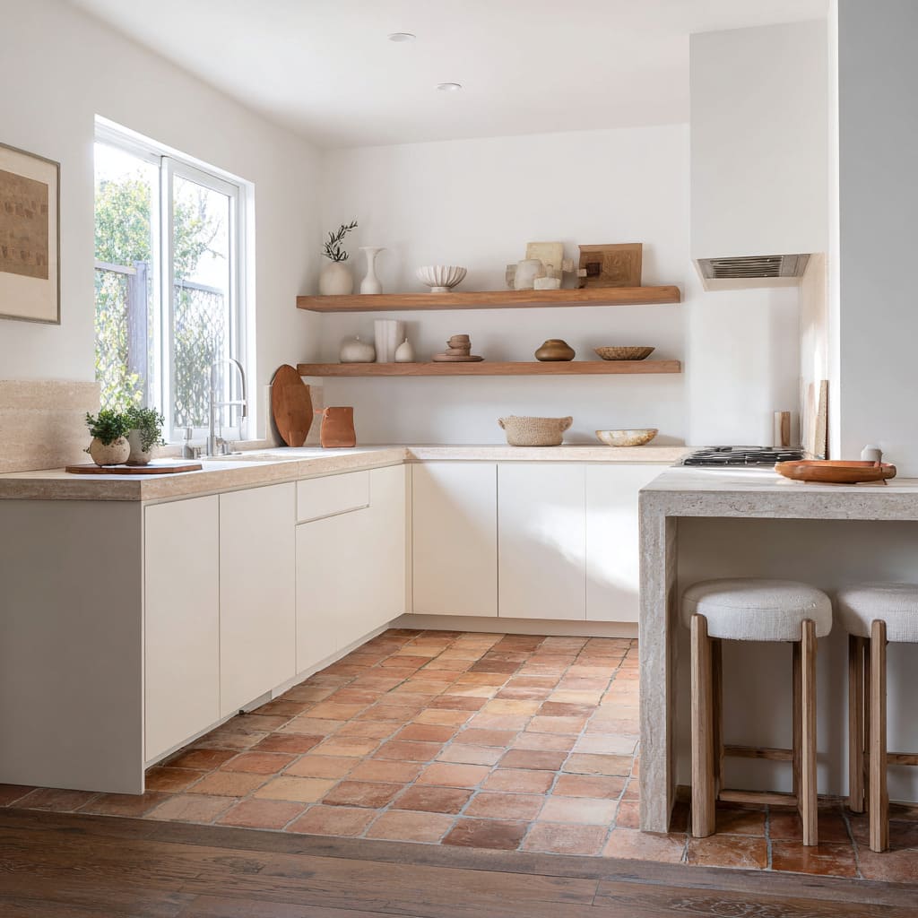 Concepto de interior con blanco suave y terracota formando un silencioso patio en L Concepto de interior con blanco suave y terracota formando un silencioso patio en L
