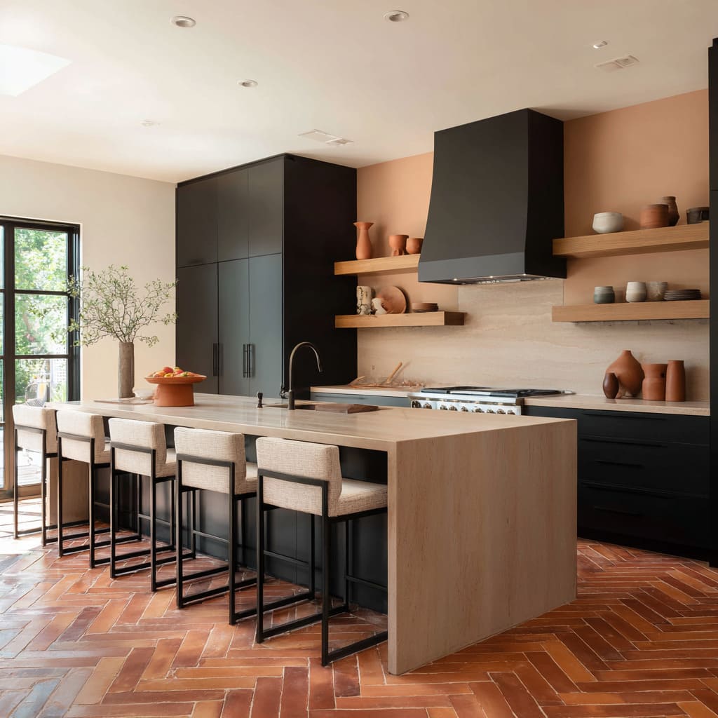 Interior design with herringbone terracotta floor with black cabinets and pale wood island for stronger contrast Interior design with herringbone terracotta floor with black cabinets and pale wood island for stronger contrast
