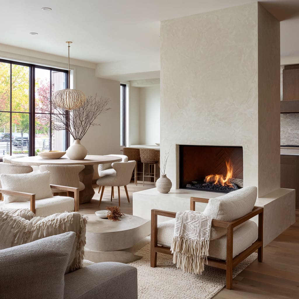 Interior ideas with troweled plaster hearth platform, woven rug, wood armchairs, clay accents, and soft neutral palette Interior ideas with troweled plaster hearth platform, woven rug, wood armchairs, clay accents, and soft neutral palette