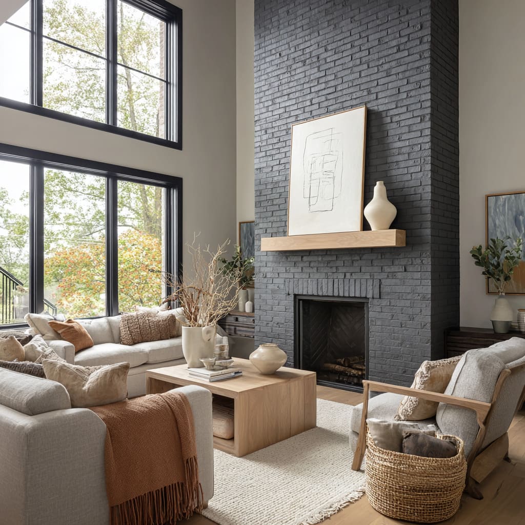 Chimenea de ladrillo hierro-grafito con neutros trigo, madera clara y acentos cálidos tipo otoño. Chimenea de ladrillo hierro-grafito con neutros trigo, madera clara y acentos cálidos tipo otoño.