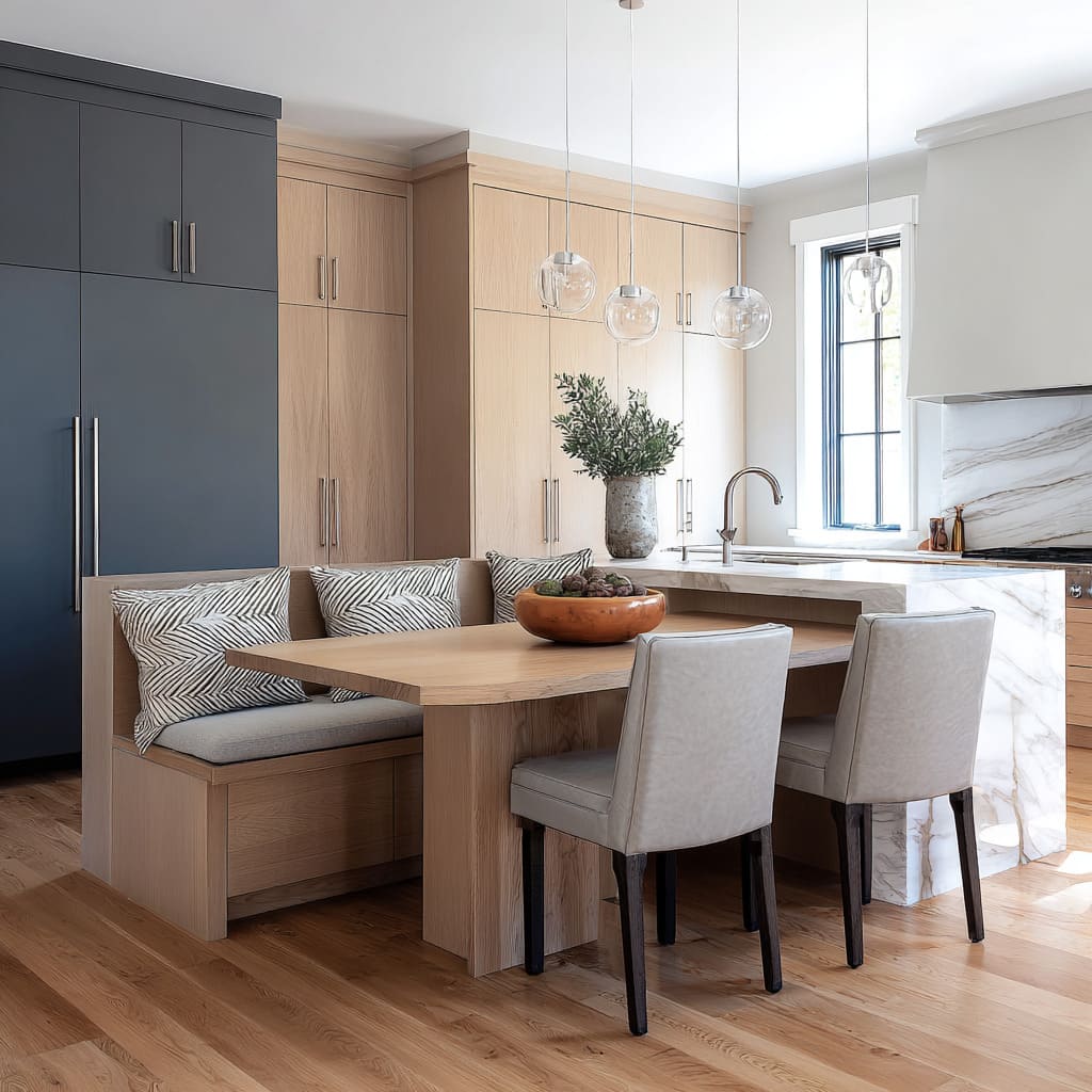Kitchen design with a marble waterfall island connected to a rounded-edge oak table, built-in oak banquette Kitchen design with a marble waterfall island connected to a rounded-edge oak table, built-in oak banquette