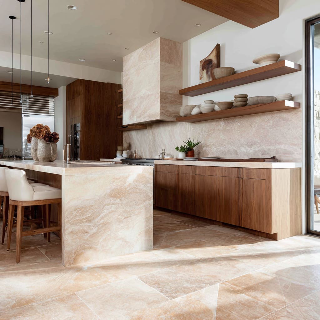 Kitchen design with creamy stone envelopes and soft terracotta stone floor Kitchen design with creamy stone envelopes and soft terracotta stone floor