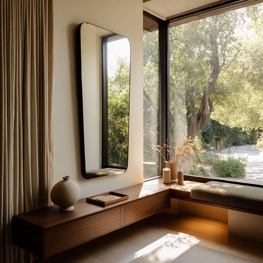 L-shaped window bench in walnut with slim seat pad, tall mirror aligned to bench edge, sandy curtains, narrow vases with branches L-shaped window bench in walnut with slim seat pad, tall mirror aligned to bench edge, sandy curtains, narrow vases with branches