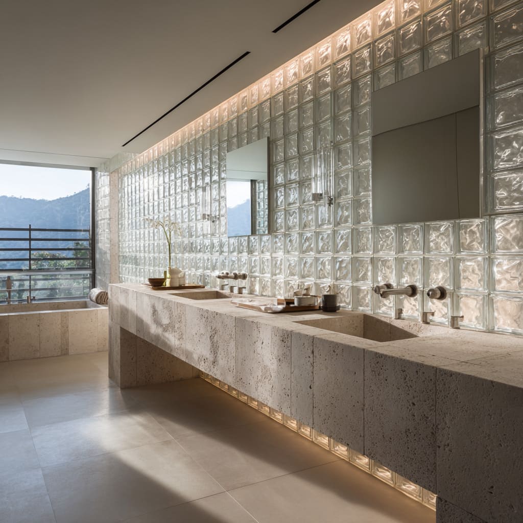 Large bathroom design with a continuous glass block wall behind a monolithic travertine vanity, underlit block plinth Large bathroom design with a continuous glass block wall behind a monolithic travertine vanity, underlit block plinth