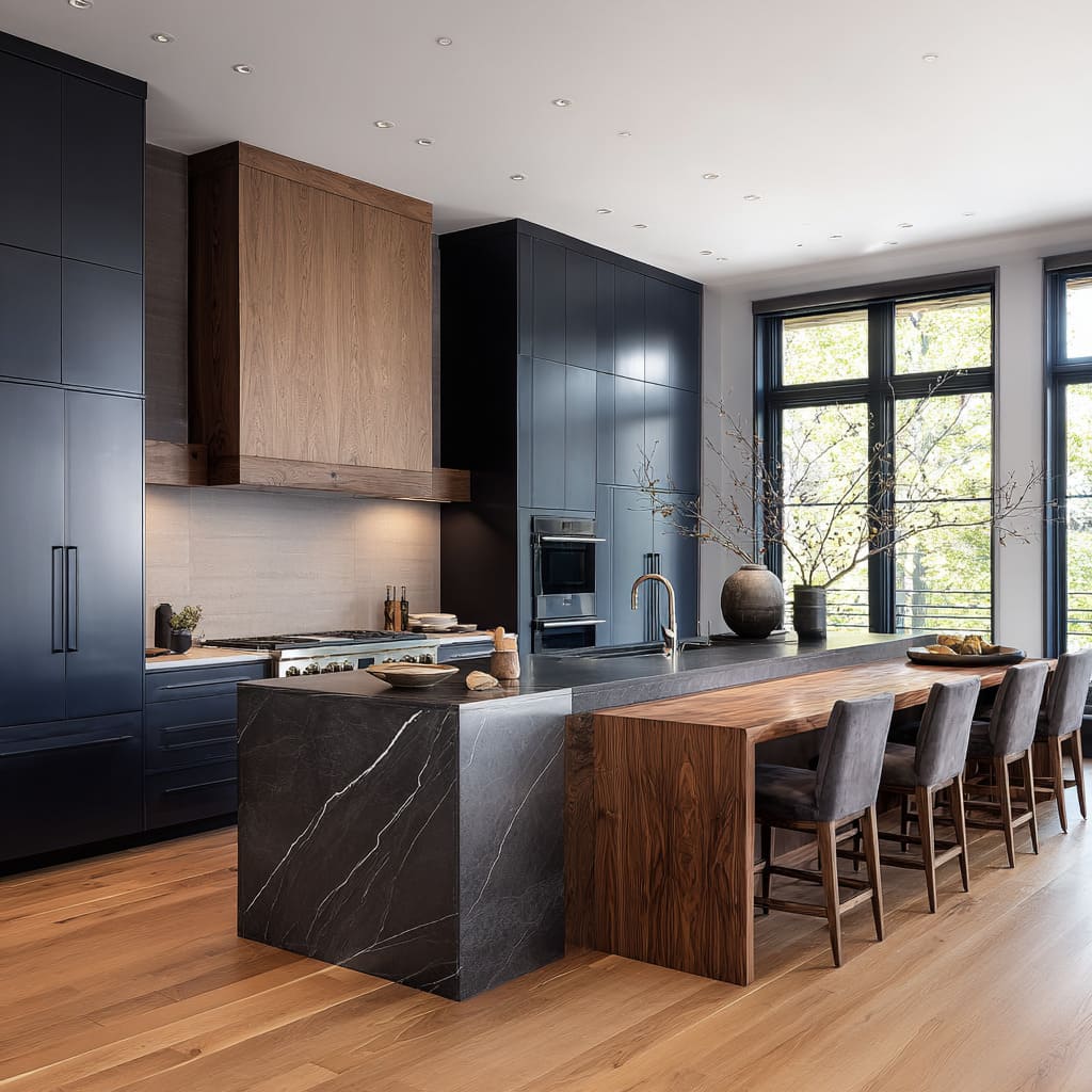 Large console idea next to a dark stone island, lined with grey upholstered chairs, tall blue-black cabinetry Large console idea next to a dark stone island, lined with grey upholstered chairs, tall blue-black cabinetry