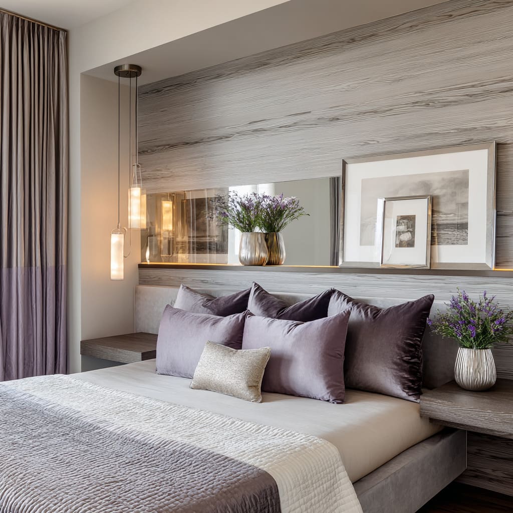 Dormitorio en lavanda y plata con jarrón acanalado, franja de espejo y capas de cojines morados bajo un muro de madera gris envejecida. Dormitorio en lavanda y plata con jarrón acanalado, franja de espejo y capas de cojines morados bajo un muro de madera gris envejecida.