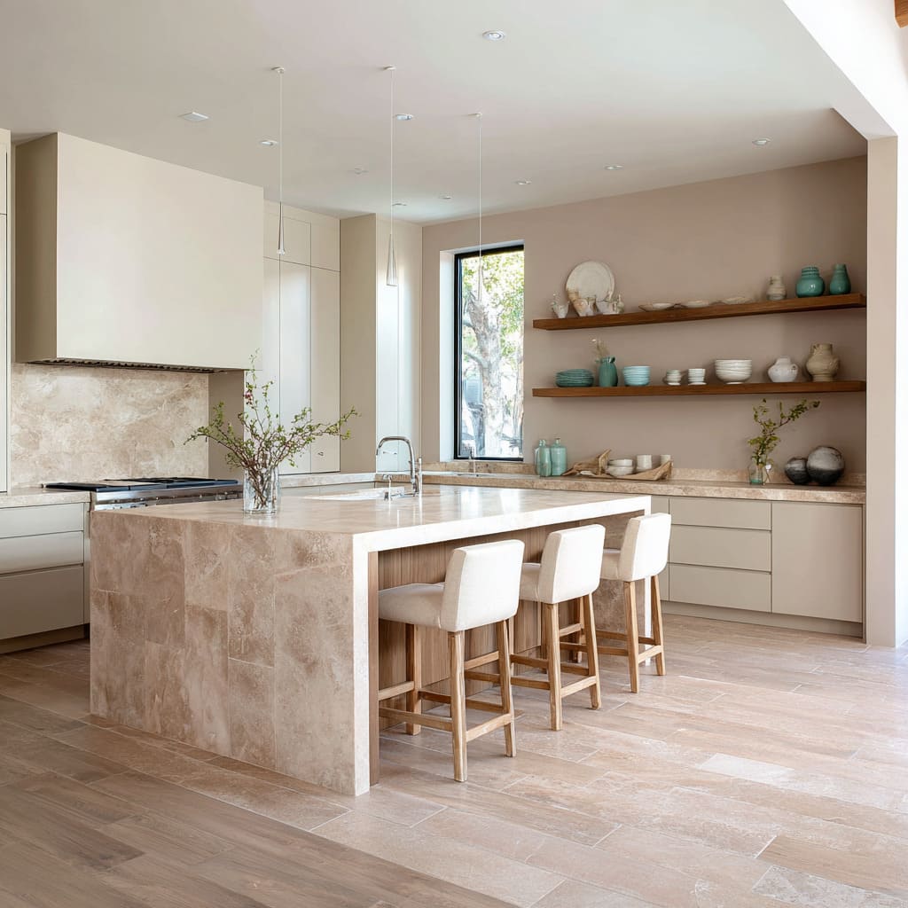 Layered sand-and-clay kitchen concept with mixed stone floor and turquoise accents Layered sand-and-clay kitchen concept with mixed stone floor and turquoise accents