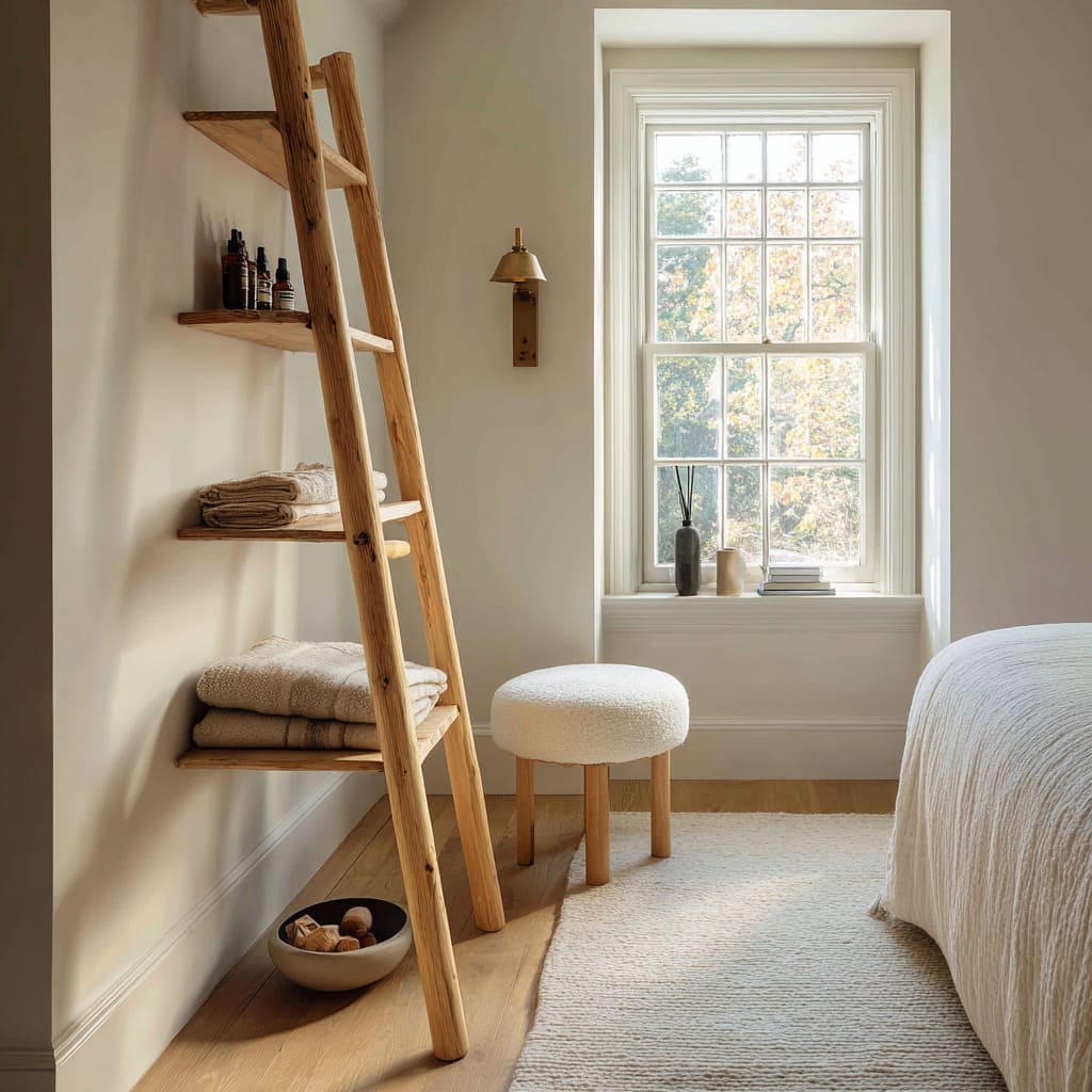 Estante tipo escalera con toallas estilo spa, frascos, taburete pequeño y aplique de latón Estante tipo escalera con toallas estilo spa, frascos, taburete pequeño y aplique de latón