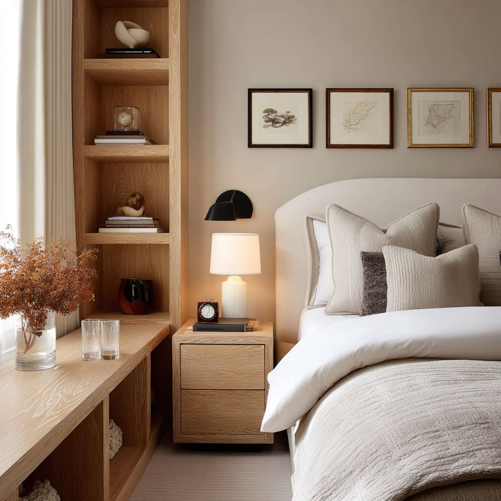 Pared tipo biblioteca con cubos abiertos de roble, repisa larga a altura de banco, mesilla sencilla y dibujos enmarcados Pared tipo biblioteca con cubos abiertos de roble, repisa larga a altura de banco, mesilla sencilla y dibujos enmarcados