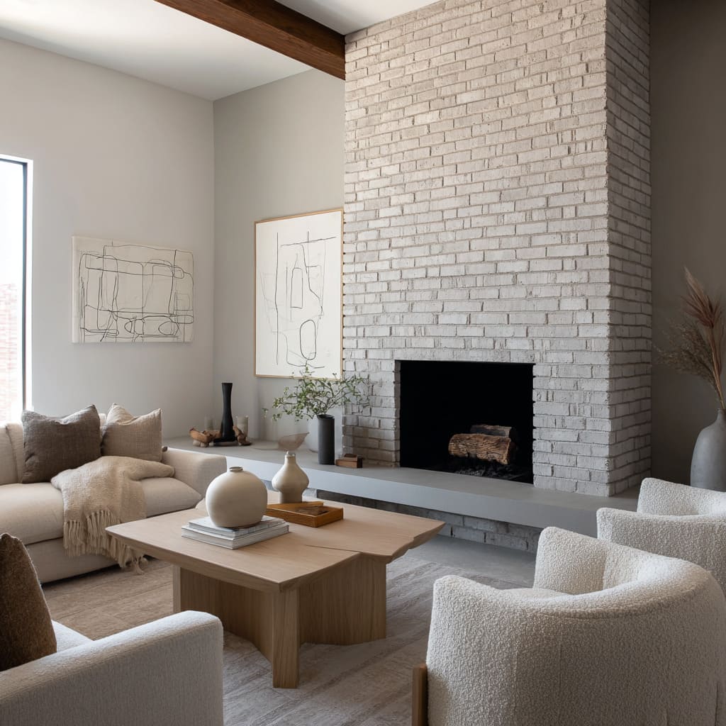 Chimenea de ladrillo pintado en arcilla beige clara con roble cálido, asientos blancos y líneas negras finas. Chimenea de ladrillo pintado en arcilla beige clara con roble cálido, asientos blancos y líneas negras finas.