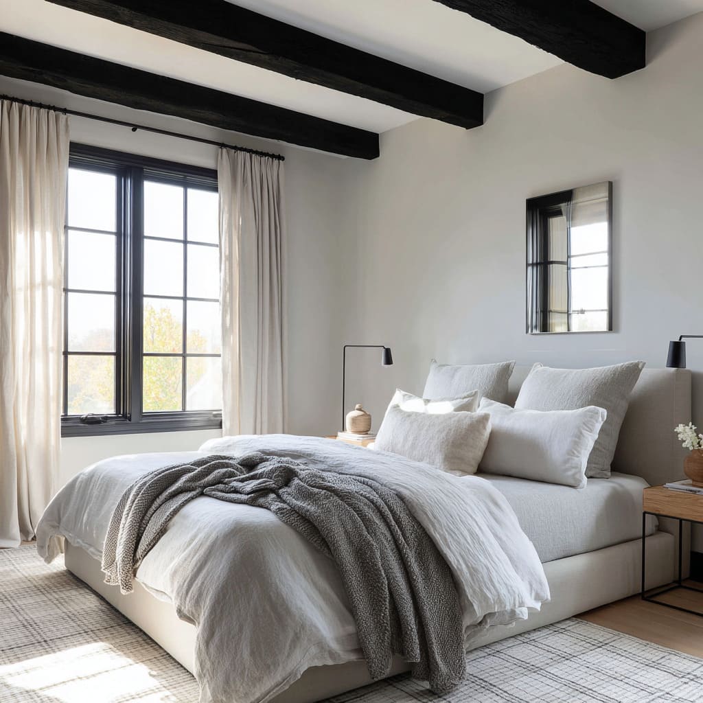 Light black and silver bedroom idea with beams, plaid rug, grid window lines, and soft linen bedding in pale grey tones for a clear, airy look Light black and silver bedroom idea with beams, plaid rug, grid window lines, and soft linen bedding in pale grey tones for a clear, airy look