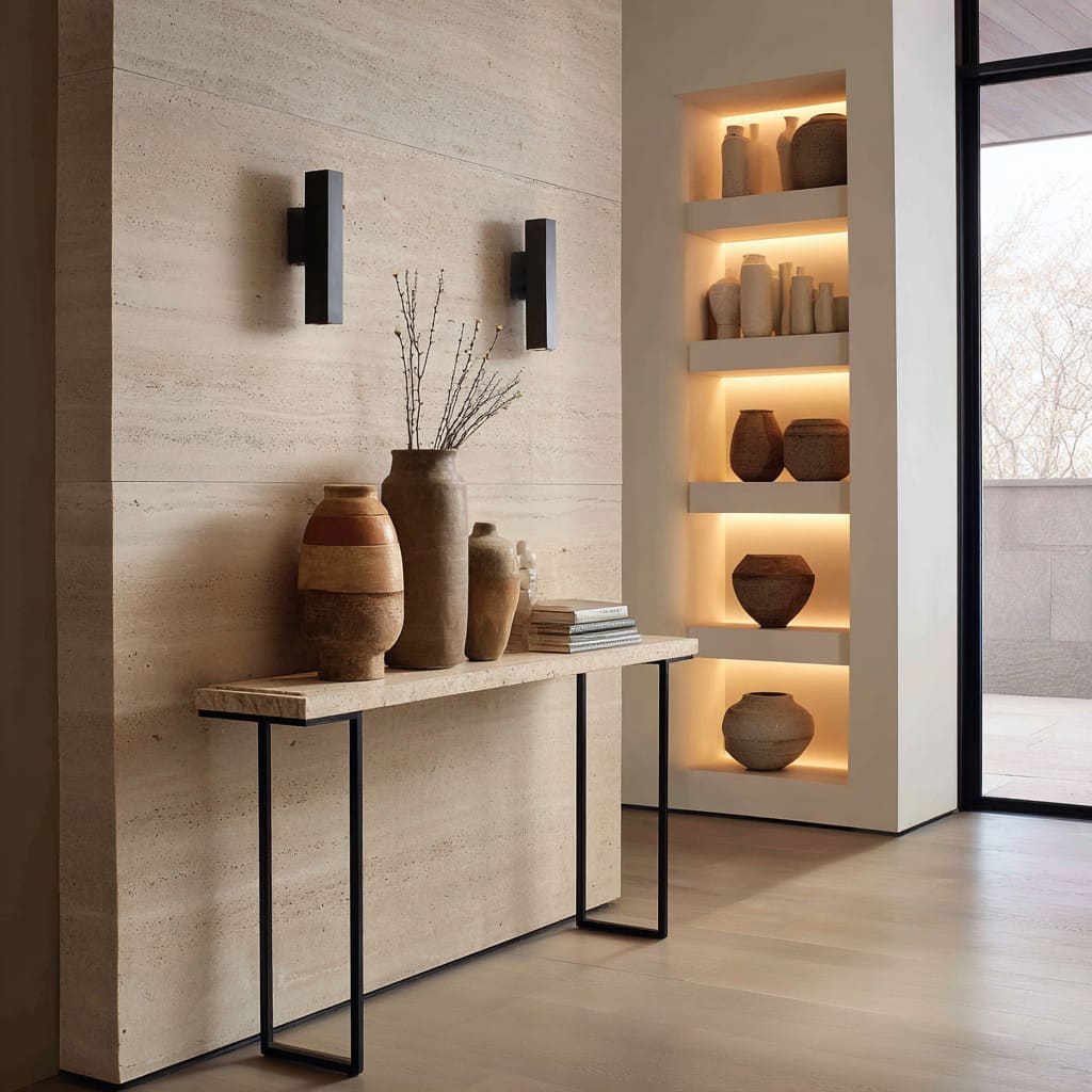Light console with open black frames against a travertine wall, styled with books and vases Light console with open black frames against a travertine wall, styled with books and vases