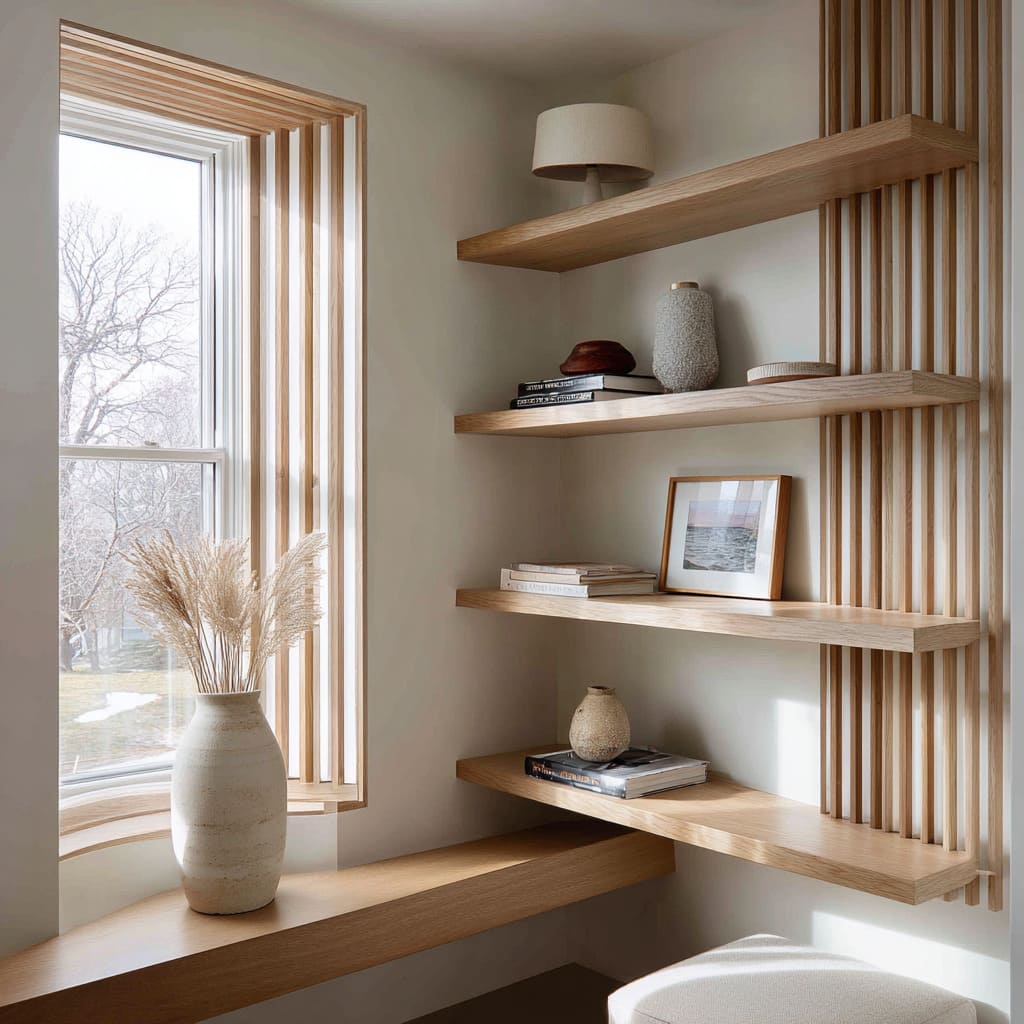 Light oak corner shelves design tied to window ledge, repeated slat detail, pale ceramics, framed photo Light oak corner shelves design tied to window ledge, repeated slat detail, pale ceramics, framed photo