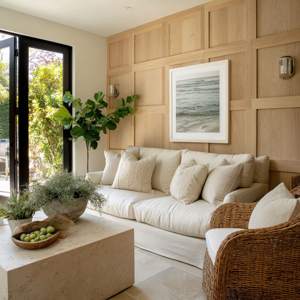 Light oak grid wall design with large square panels behind a pale sofa, minimal sconces, ocean artwork Light oak grid wall design with large square panels behind a pale sofa, minimal sconces, ocean artwork