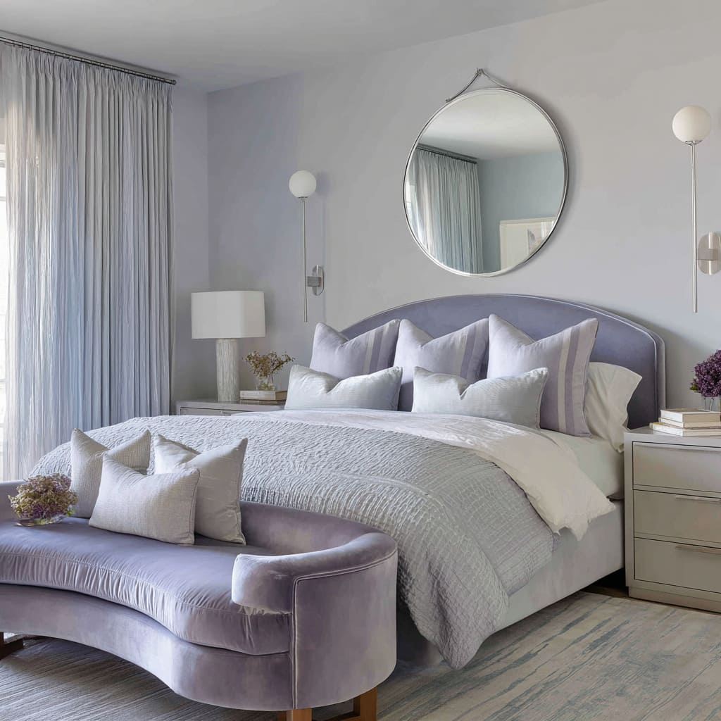Dormitorio en lila y plata con cabecero arqueado de terciopelo, banco curvo y apliques de níquel cepillado. Dormitorio en lila y plata con cabecero arqueado de terciopelo, banco curvo y apliques de níquel cepillado.