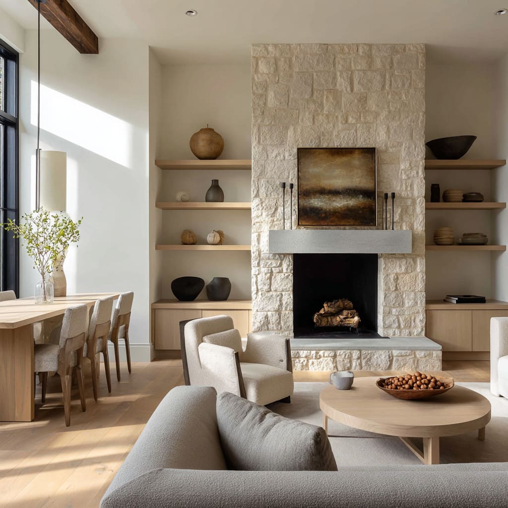 Limestone chimney design flanked by shelves, natural pottery, oak table, slip chairs, and layered neutrals Limestone chimney design flanked by shelves, natural pottery, oak table, slip chairs, and layered neutrals