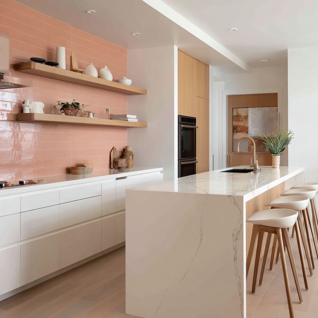 Concepto lineal de cocina tipo loft con suelo de madera clara, muebles blancos sin tiradores y salpicadero de azulejo horizontal en terracota brillante Concepto lineal de cocina tipo loft con suelo de madera clara, muebles blancos sin tiradores y salpicadero de azulejo horizontal en terracota brillante