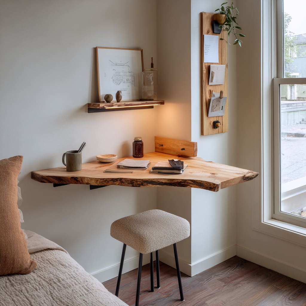 Escritorio flotante de borde vivo con luz suave en la repisa, taburete bouclé y decoración minimalista terrosa Escritorio flotante de borde vivo con luz suave en la repisa, taburete bouclé y decoración minimalista terrosa